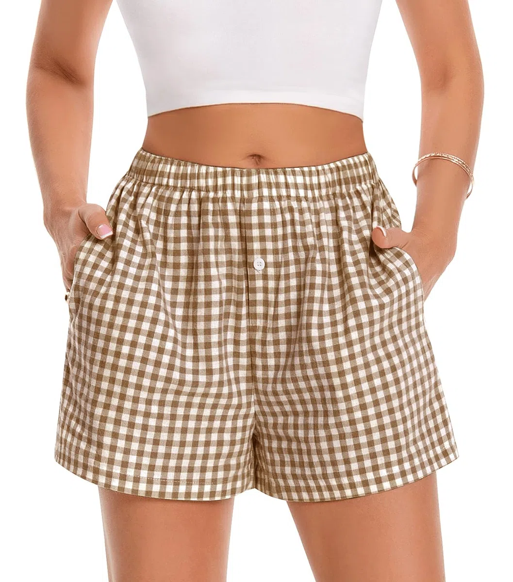 Gosunny Pantaloncini da notte da donna, estivi, in cotone, motivo a quadri, con tasche