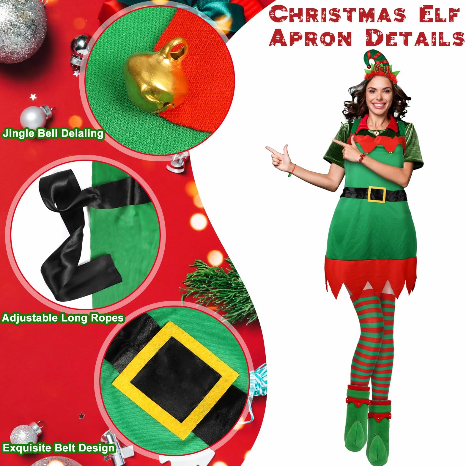 Costume Elfo Donna Uomo,Grembiule Natale Elfo Grembiule Cerchietto Elfo Calze Scarpe Elfo Costume Natale Accessori Elfo Cosplay Festa di Natale per Adult