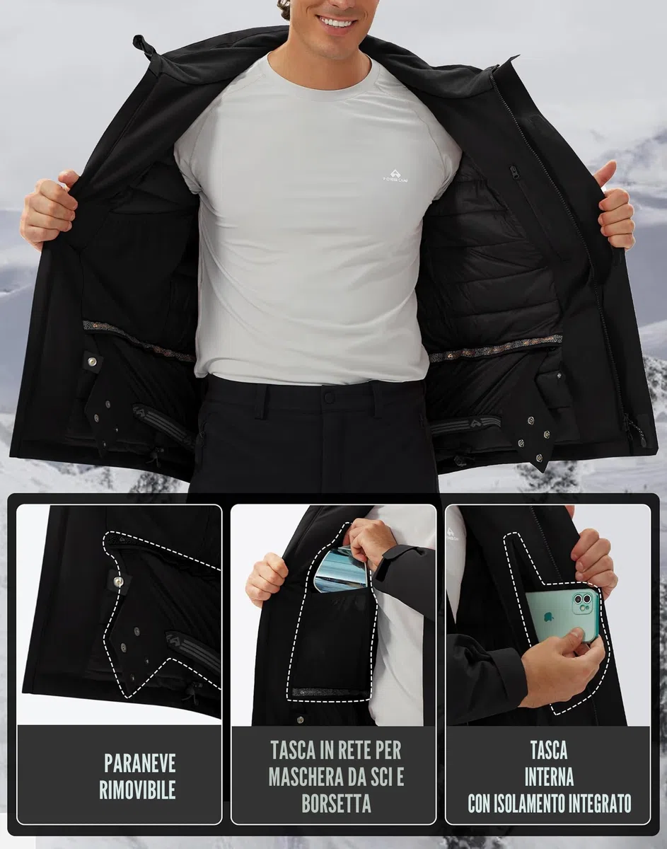 Giacca da sci da uomo, impermeabile, calda, traspirante, da snowboard, con cappuccio