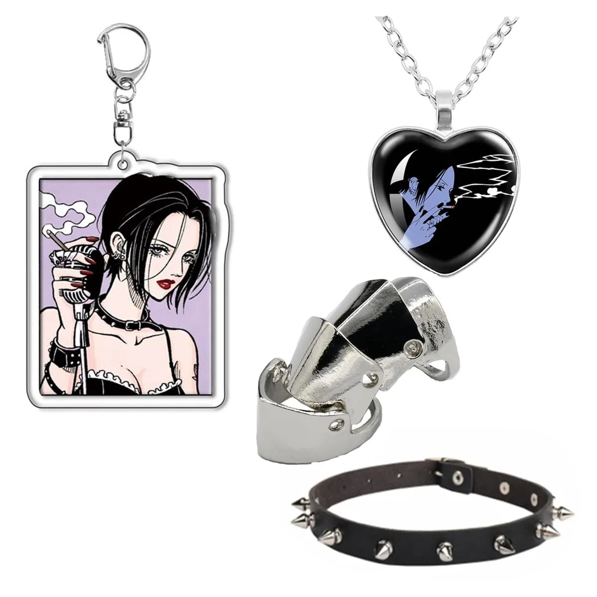 XHBTS Nana Anime Collana Keychian PU Girocollo e Adesivi Cosplay Anello per Nocche Gotico Osso Punk Gioielli Accessori Puntelli, Metallo, Perla