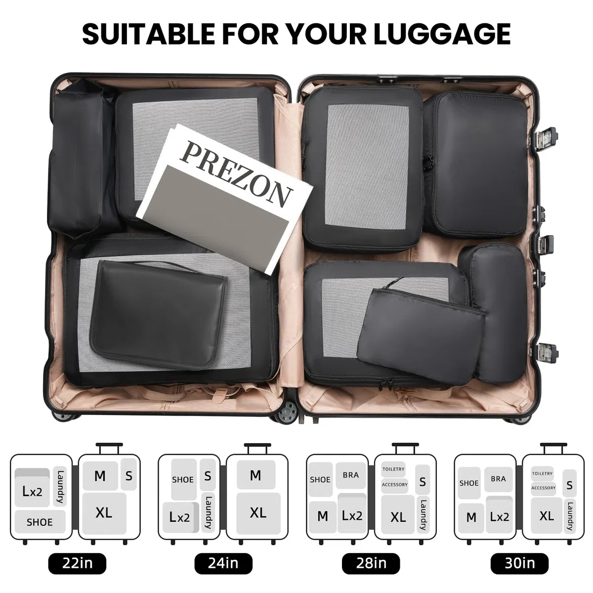 Cubi da viaggio per valigia, set da 10, organizer leggeri per bagagli Cubi da viaggio per accessori da viaggio - Nero