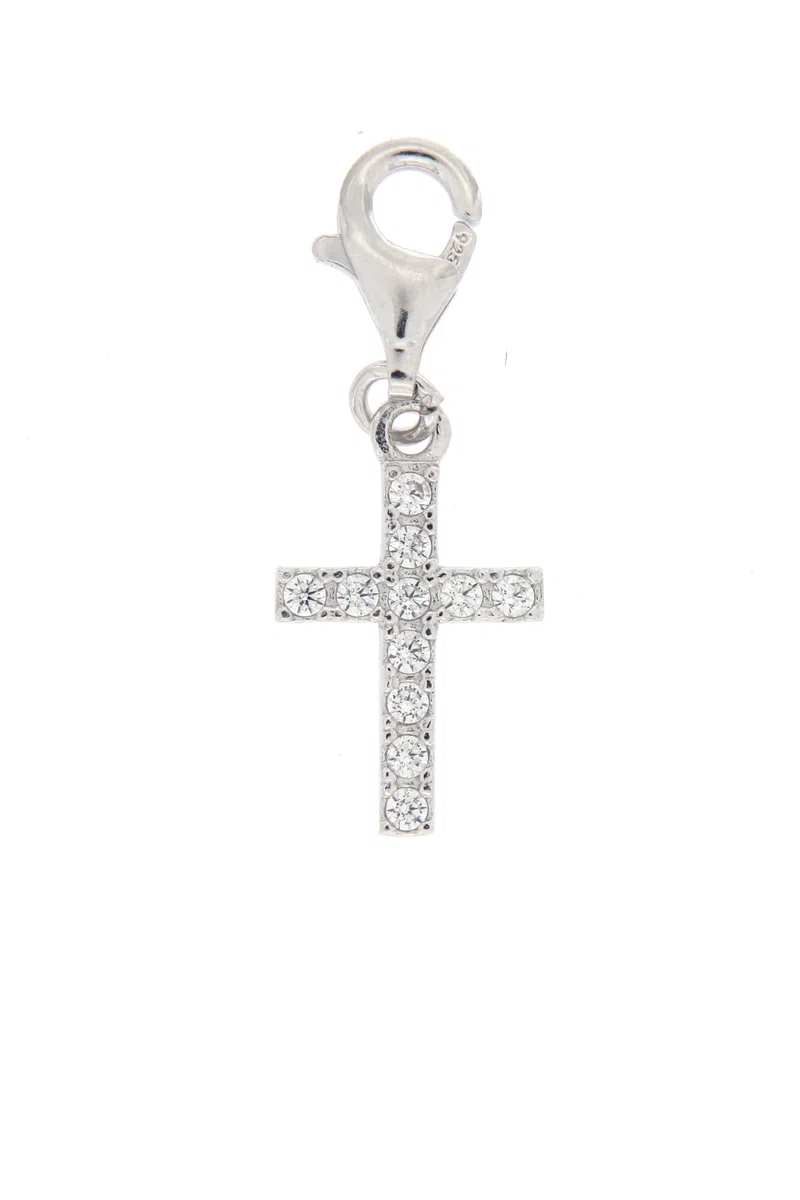 SHALOM - Ciondolo Croce Con Zirconi In Argento 925. Dimensioni 2,5x2 Cm