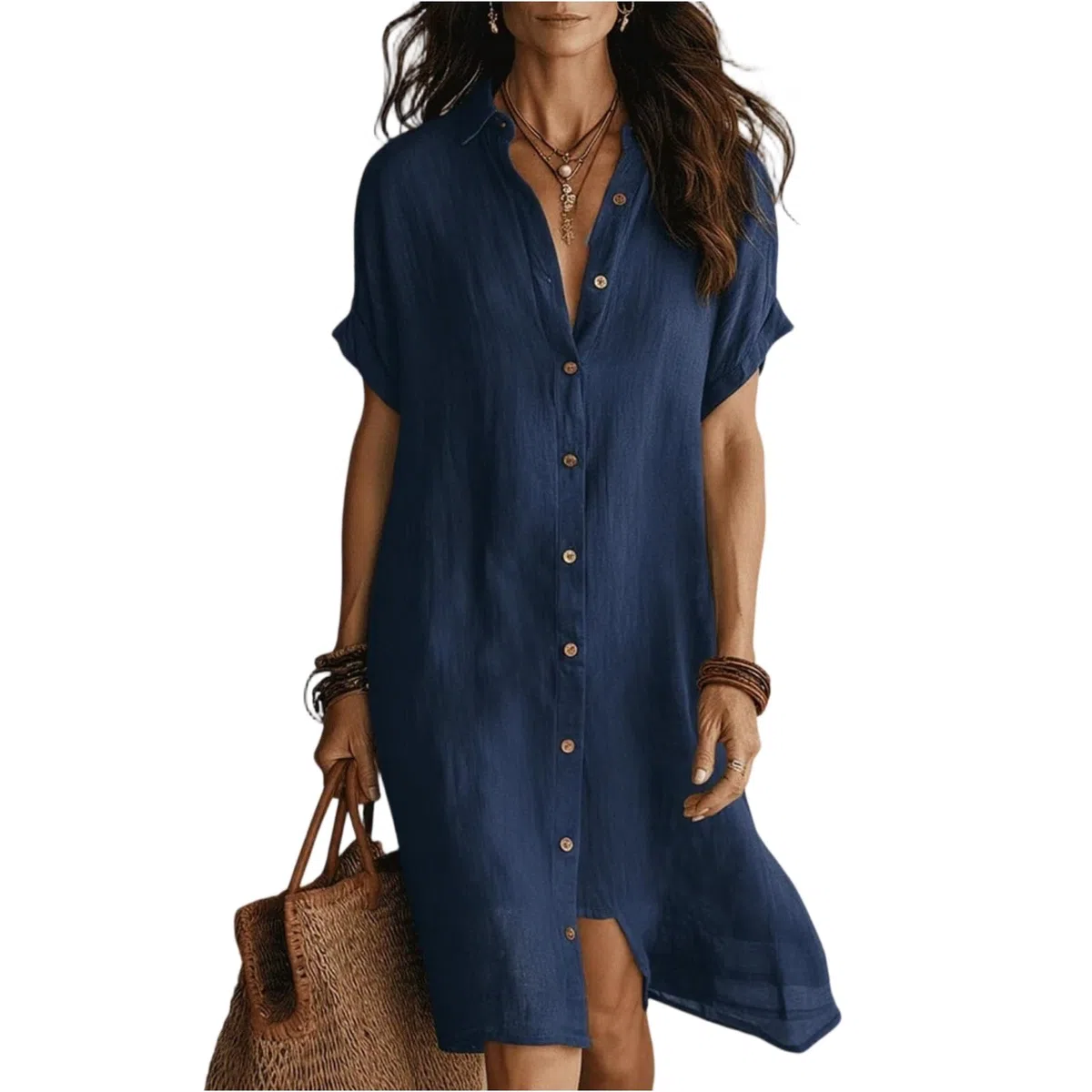 Abito Estivi da Donne A Maniche Corte in Tinta Unita Camicetta con Bottoni Abiti Camicia Leggero E Arioso Abiti T-Shirt Casual Abiti da Spiaggia Boho Ampio Prendisole Leggero