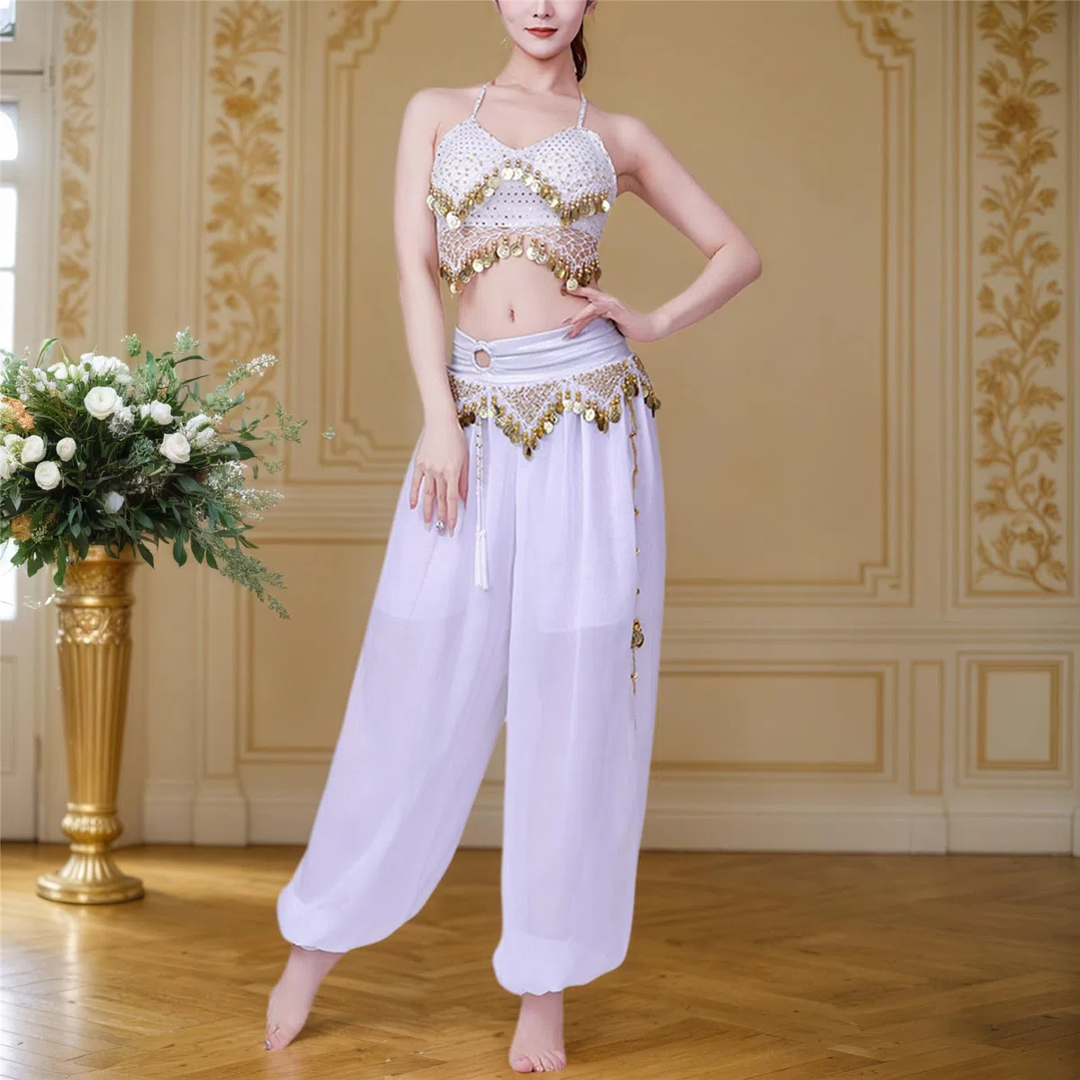 Set di 2 costumi da danza del ventre da donna, reggiseno a moneta, top harem, pantaloni, costumi da palcoscenico per Halloween, set di costumi