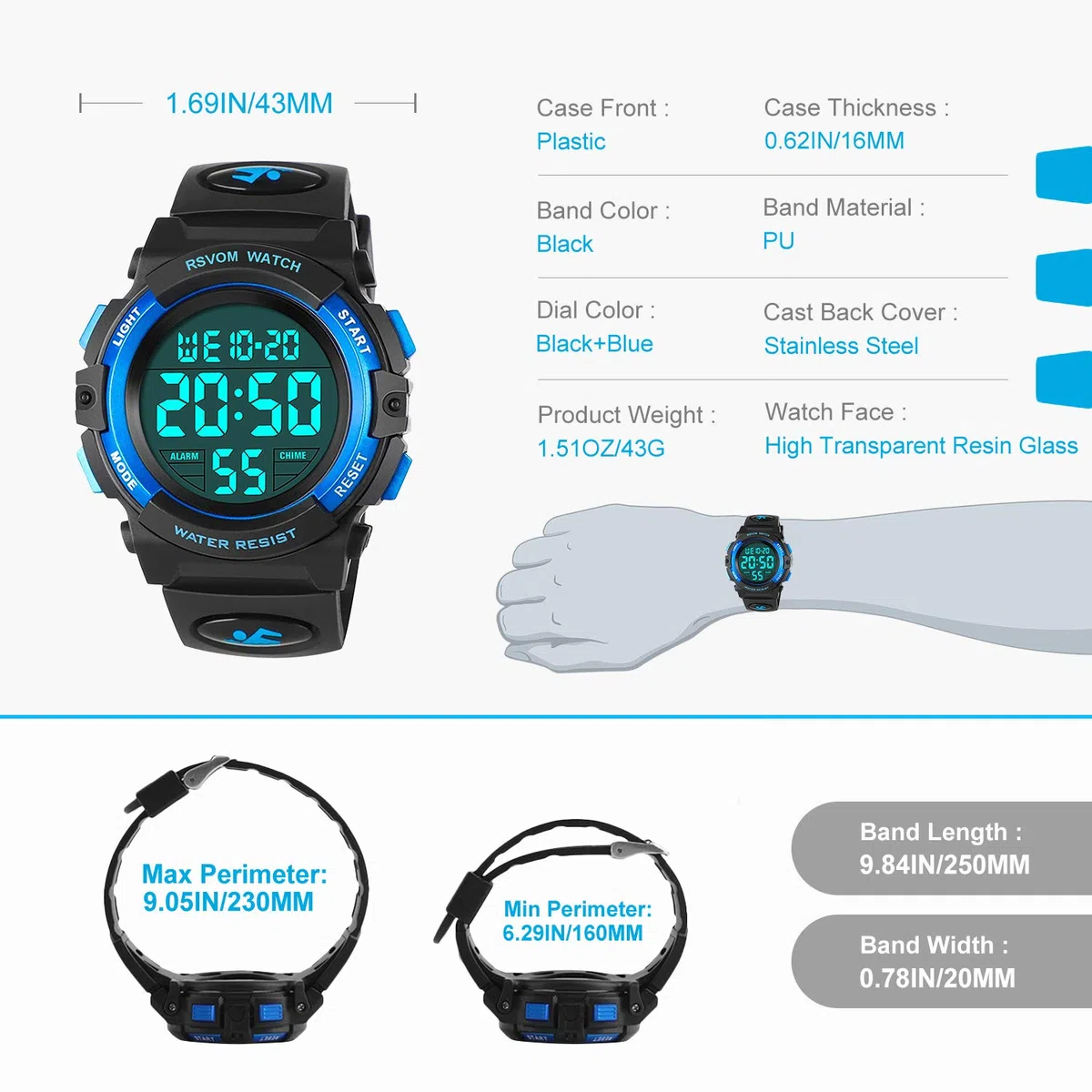Orologio digitale per bambini e ragazzi, impermeabile, per attività all'aperto, sportivo, con sveglia/cronometro, orologio digitale per bambini per regali di compleanno/regali blu, S, cinturino