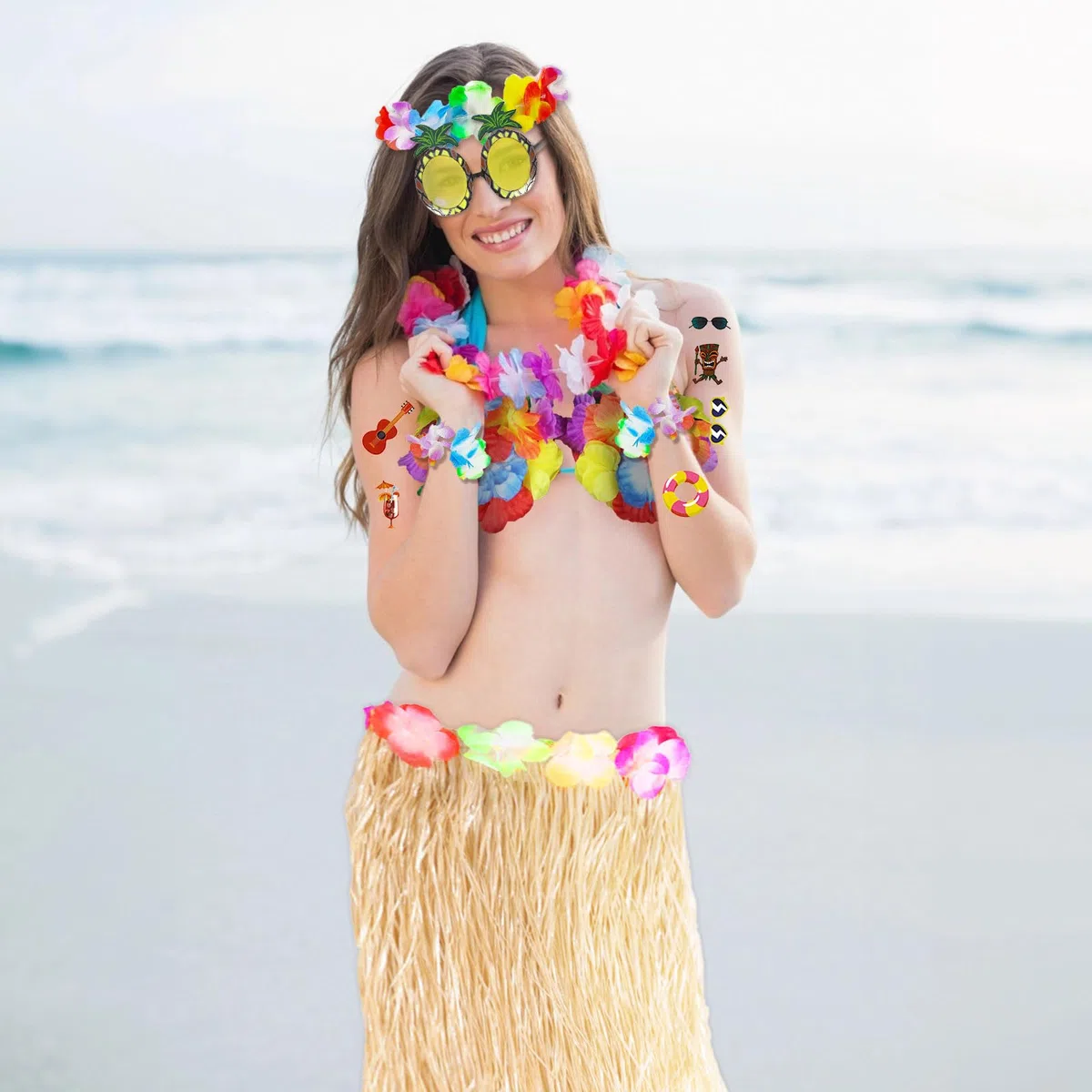 FUIPVGI Set di 9 pezzi con gonna hawaiana Leis Hula, ghirlande hawaiane, gonna hawaiana da donna, top bikini con fiori, per adulti, per travestimento estivo, spiaggia, notte, bar, feste tropicali