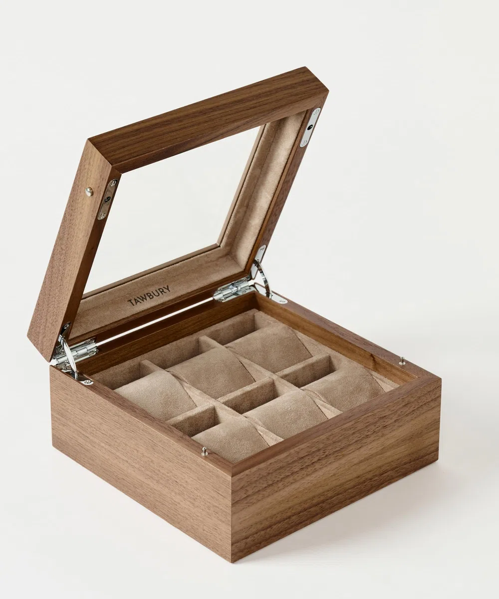 TAWBURY Custodia per orologi in legno, con 6 scomparti, per uomini e donne, con display in vetro, interno protettivo completamente foderato e cuscini larghi 5 cm per orologi piccoli e grandi (noce