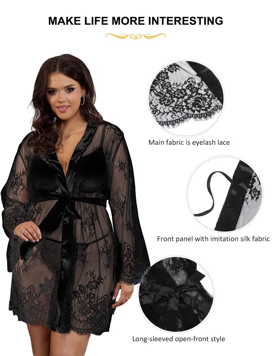 ohmydear Vestaglia Sexydonna Hot Pigiama Donna Sexy in Pizzo Camicia da Notte Trasparente Vestaglia Curvy con G-String e Cintura Accappatoio Abito da Notte Vestaglia Sposa
