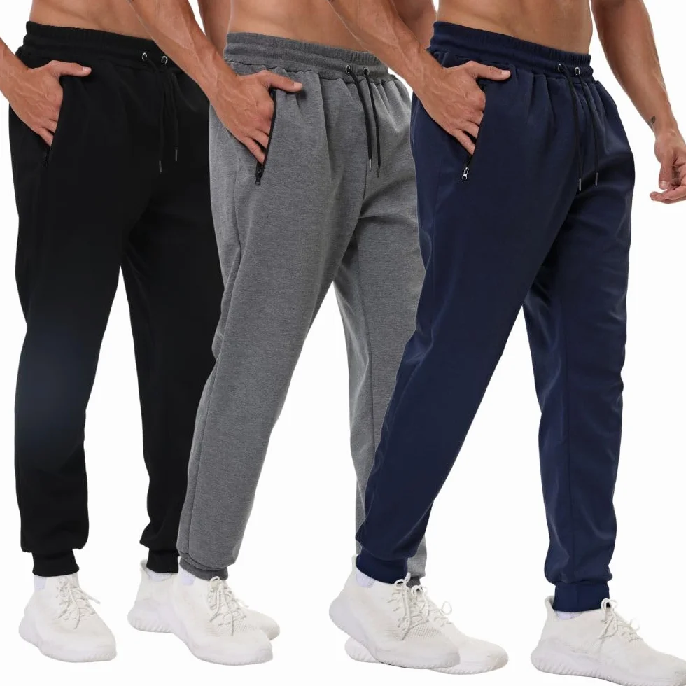Confezione da 3 pantaloni sportivi da uomo con tasche con cerniera, pantaloni da allenamento da palestra per corsa e jogging