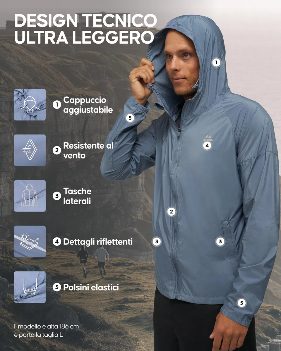 DANISH ENDURANCE Giacca a Vento Uomo, Traspirante, Antivento per Running, Trekking, Ciclismo