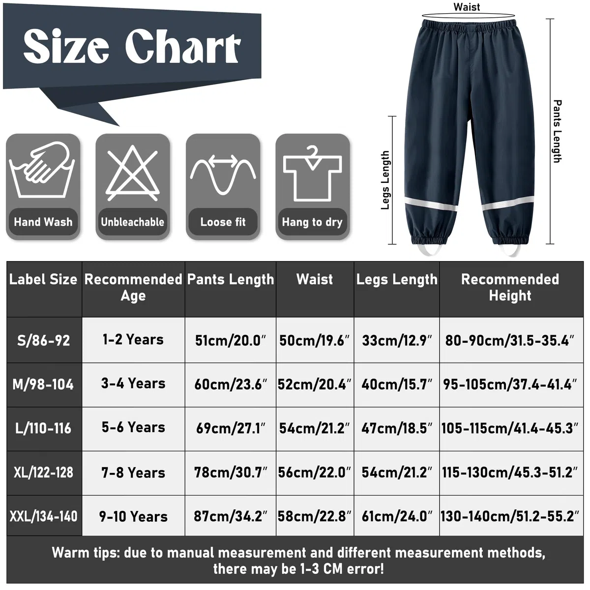 Pantaloni Impermeabili Bambini, Unisex Impermeabile Pantalone Pioggia Leggero Riflettenti Non Imbottiti Salopette Antipioggia Ragazze Ragazzi Outdoor Abbigliamento per 1-10 Anni