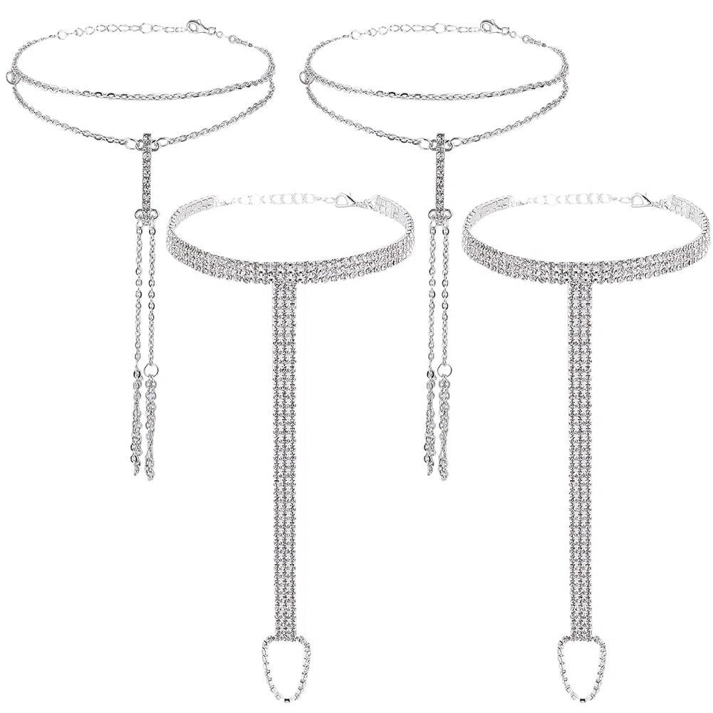4 pz 2 stili Sandali A Piedi Nudi Cavigliera Catena Gioielli Piede Donne Lega Boho Argento Strass Cristallo Estate Spiaggia Cavigliere Braccialetto con Anello per Le Dita Dei Piedi per Le Do