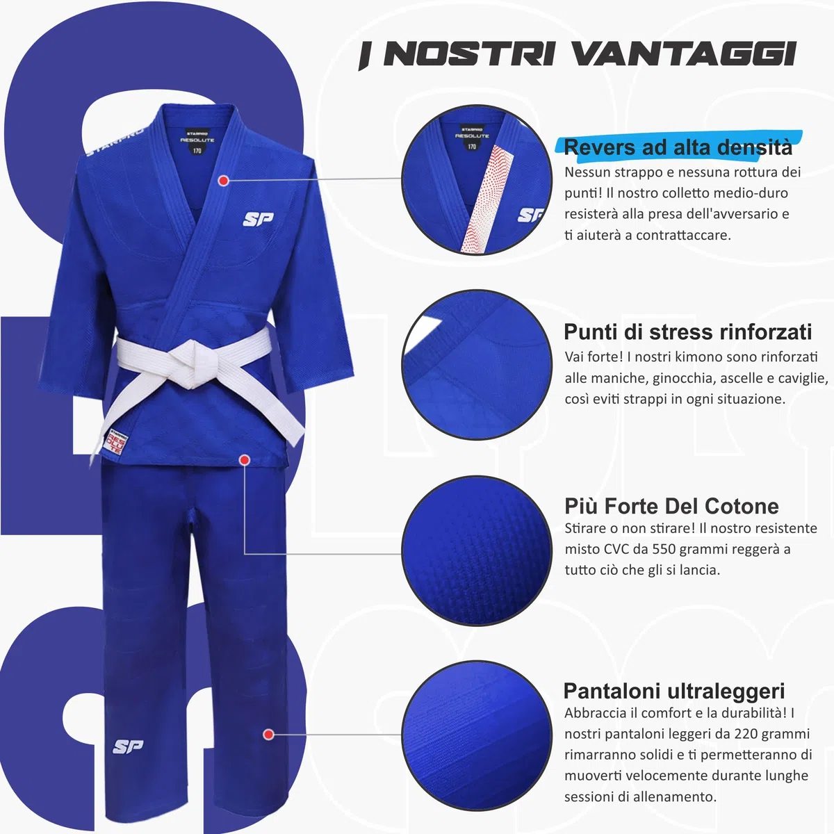 Starpro Kimono Judo GI 350 Grammi Com Miscela di Cotone Premium. Uniforme Professionale per Allenamento e Competizioni - Biano e Blu - Uomini, Donne e Bambini - 110-190 - Senza Cintura