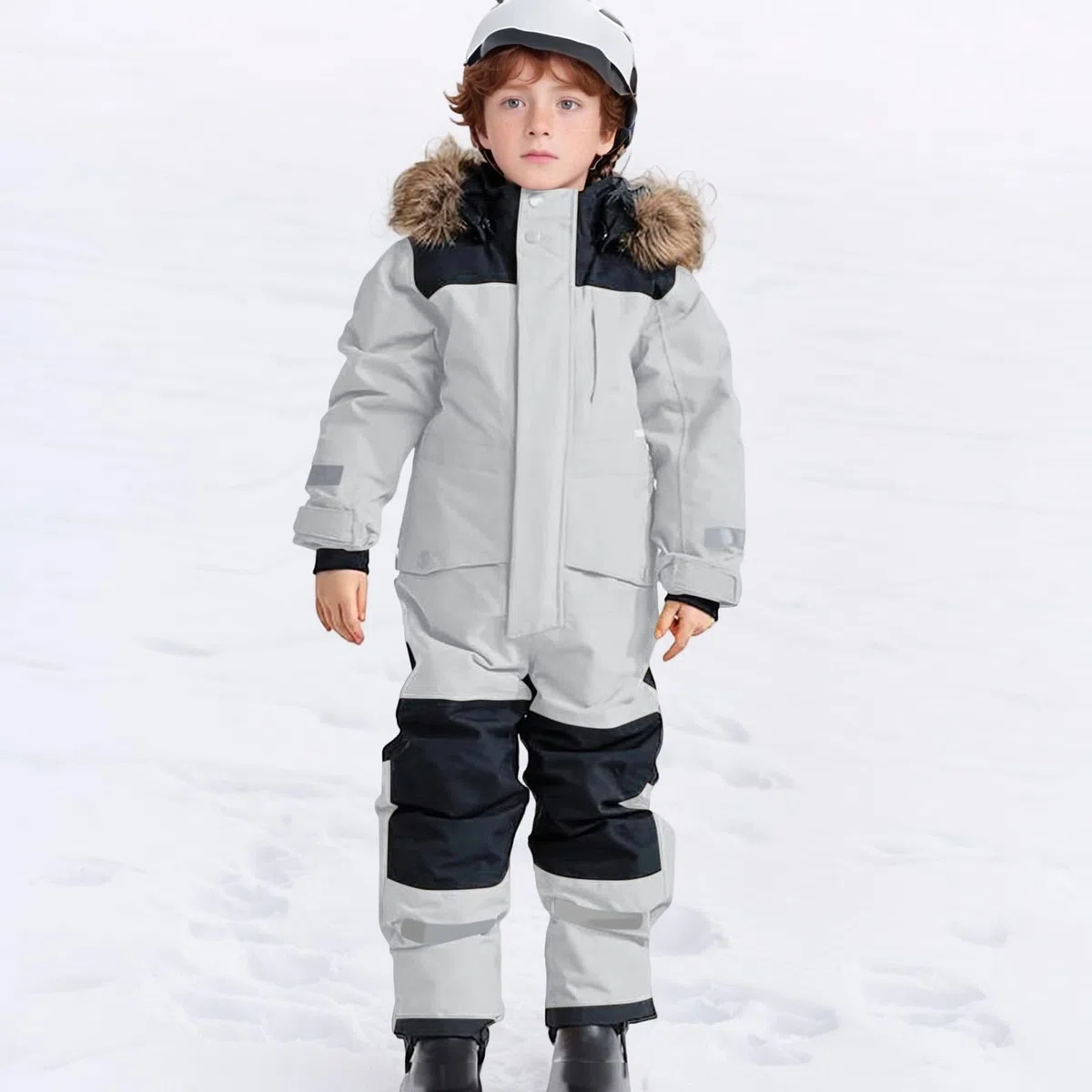 Tute da Neve Bambino e Ragazzi, Tute da Sci Bambine e Ragazze, Tuta da Neve di un Pezzo Bambini Invernale Outdoor Antivento Impermeabile e Traspirante Calda Tuta con (Light Gray, 12-13 Years)