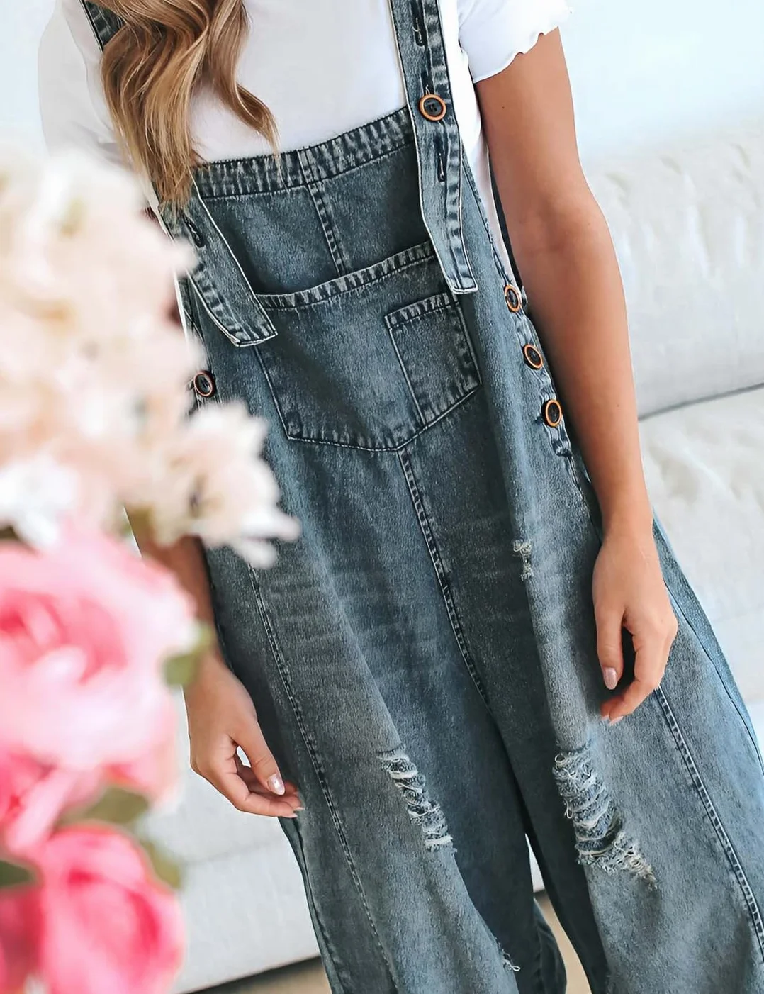 Tuta da donna vintage, casual, in denim, larga, larga, regolabile, con pantaloni