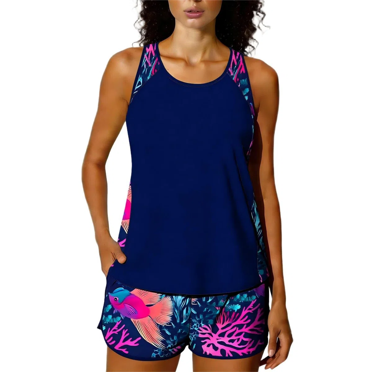 Tankini Donna Due Pezzi Costume da Bagno con Canotta Ampia e Pantaloncini, Set Mare Estivo vestibilità Comoda, Stampa Tropicale per Piscina Spiaggia Sole