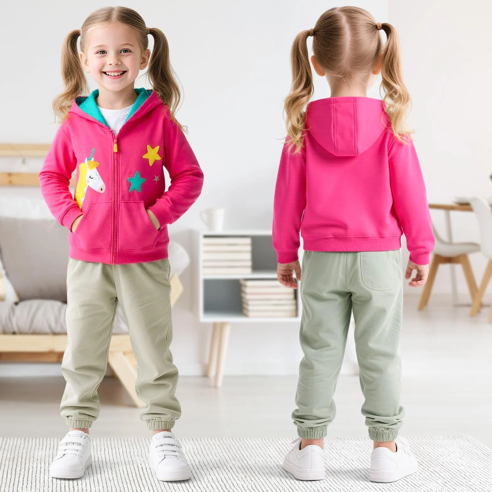 Felpa con Cappuccio con Zip Bambina Bambino, Cotone Giacca a Maniche Lunghe con Tasche, Unicorno Trattore Hoodie Primavera Autunno Casual Scuola Vestiti Top per Bambini 3-8 Anni