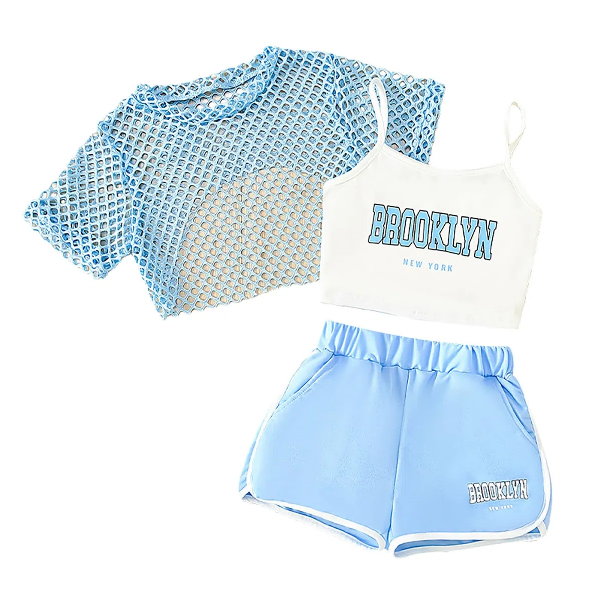 Generico Tuta Da Jogging per Ragazze 3 Pezzi Top Senza Maniche Maglietta Maniche Corte Pantaloncini Rete Casual Sportivo Bambini