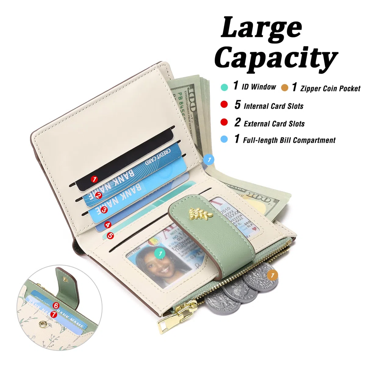 GAEKEAO Portafoglio Donna Piccolo RFID Blocking Leather Bifold Zipper Pocket Wallet Titolare di Carta di Credito con Finestra ID