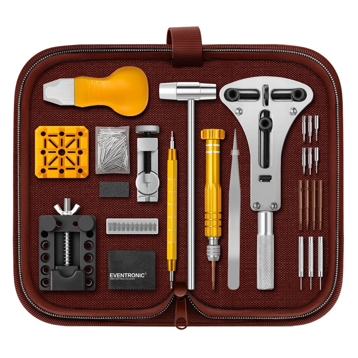 Eventronic Tool Kit Professionale di Riparazione Orologi,Set Pressa Orologio Professionale,Riparazione Orologio e portable tool kit orologiaio (Marrone Basic)