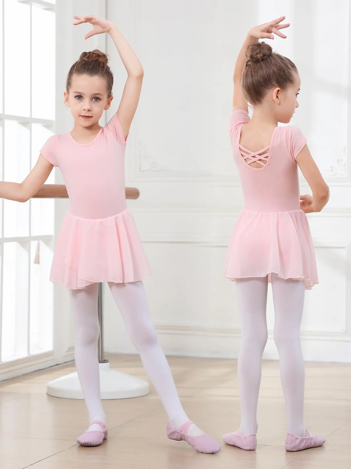 Ragazza Vestito da Balletto Danza Tutu Corpo Ginnastica Cotone Manica Corta con Chiffon Gonna