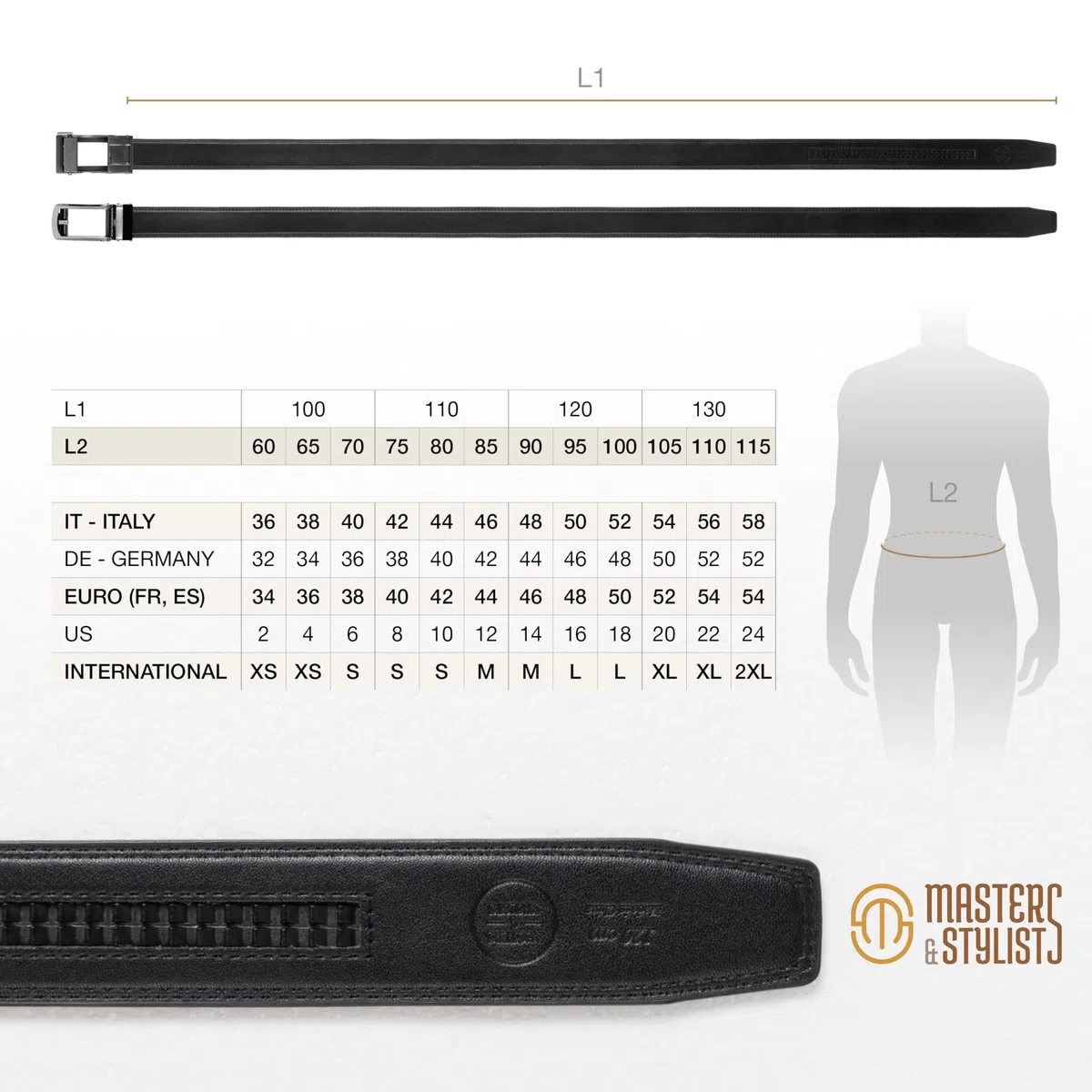 Masters & Stylists Cintura Uomo, Cintura in Pelle con Fibbia Automatica Senza Buchi, Cinta Elegante e Resistente, Regalo Uomo, Larghezza 3.5 cm, Lunghezza 110cm o 120cm