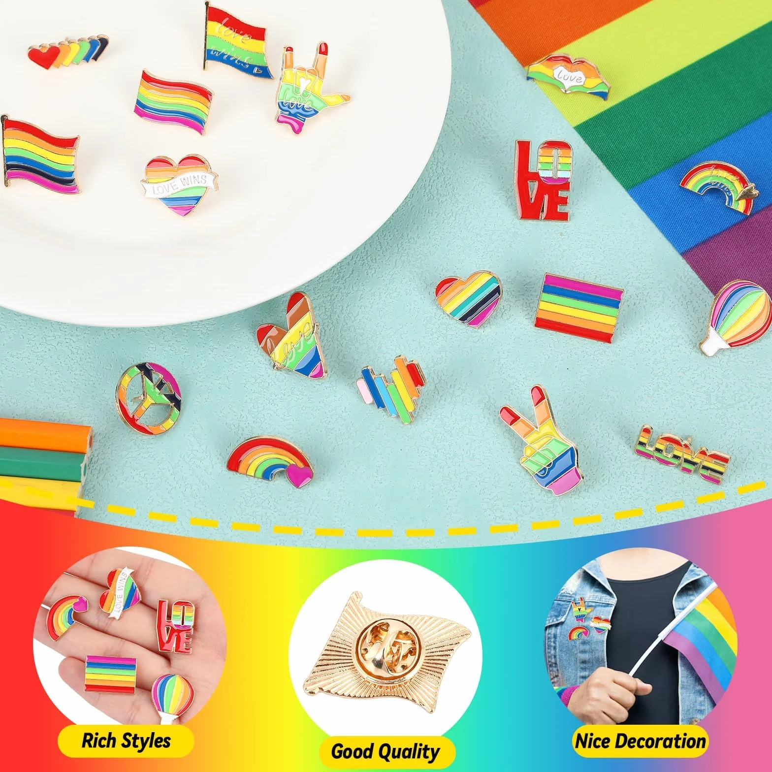 SANNIX 60 spille arcobaleno smaltate LGBT con bandiera a cuore gay-Pride, spille per vestiti, borse, cappelli, accessori, 20 stili