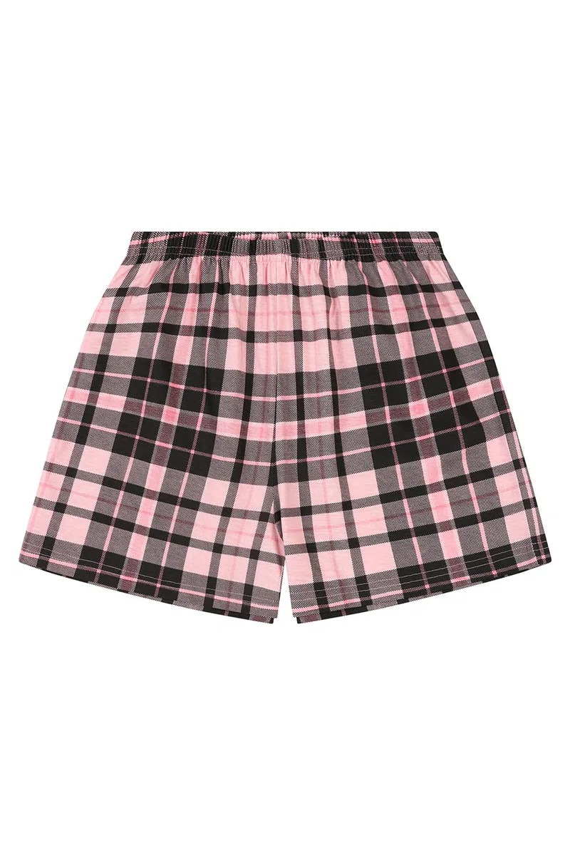 thepyjamafactory Pigiama da Bambina in Cotone Corto con Gamba Scozzese Nera e Rosa per Bambini