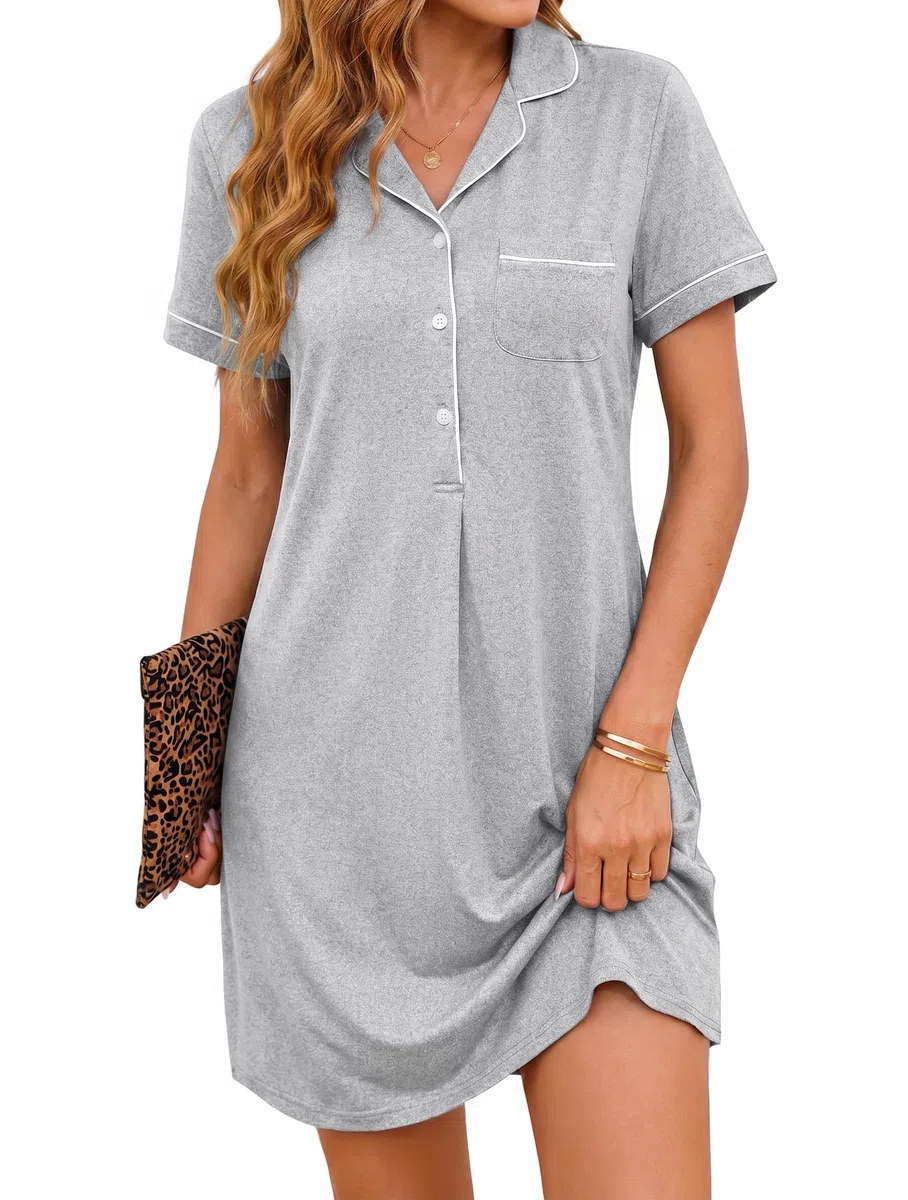 Camicia da Notte Donna Cotone Manica Corta con Bottoni Davanti Scollo a V Leggera e Confortevole Abito da Notte