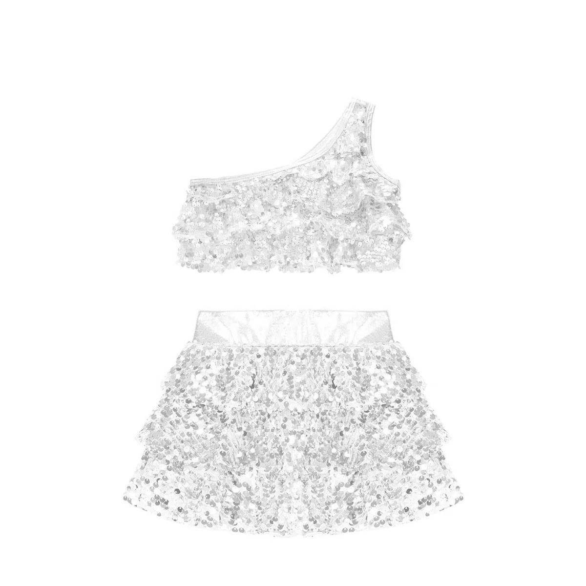 Freebily Vestito da Ballo Bambina Latino Americano Monospalla Abito da Ballo Tango Paillettes Crop Top Canotta + Gonna di Danza Classica Culottes Vestito da Pattinaggio Jazz