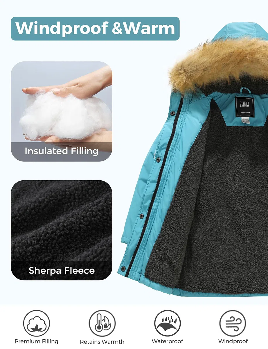 ZSHOW Cappotto Medio Lungo Invernale Caldo Parka con Cappuccio in Pelliccia Sintetica Giacca Imbottita Spessa Giubbotto Idrorepellente Bambina
