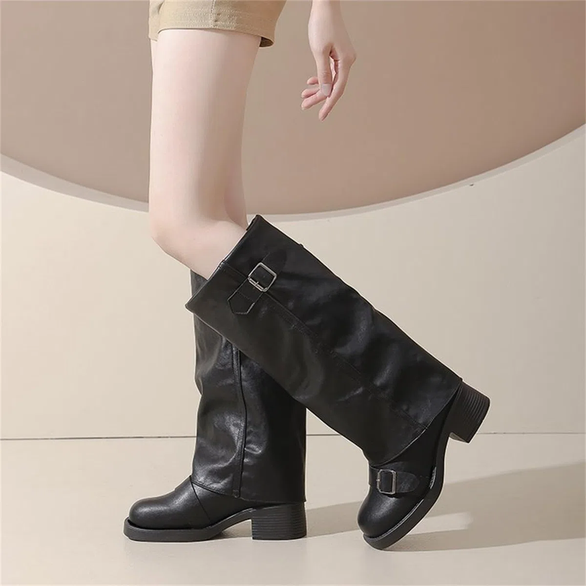 Generico Stivali Donna con Tacco Invernali Autunnali Texani Cowboy Stivaletti Alti Stivali al Ginocchio Stivaletti Punta Stivaletto Wide Fit con Plateau Blocco scarpe Gamba Larga in Pelle