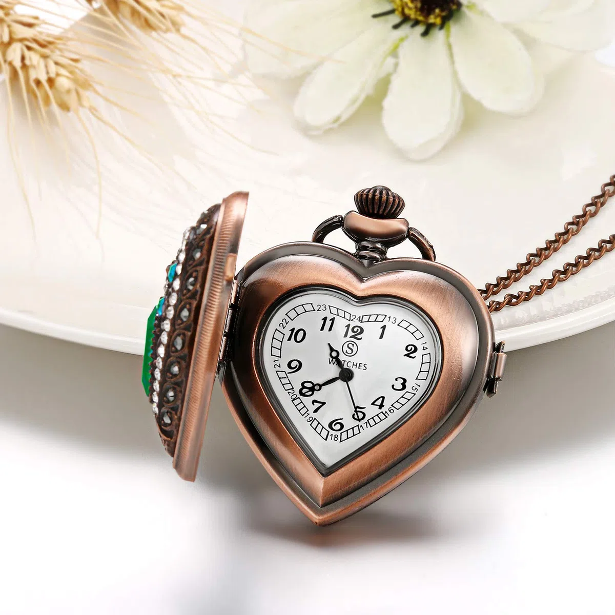 JewelryWe Orologio da Tasca Uomo al Quarzo Forma Cuore Collana con Ciondolo Orologio con Zircone