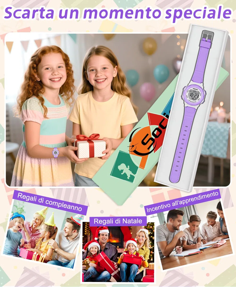 SOCICO Orologio digitale per bambini, resistente all'acqua 5ATM, orologio per bambini illuminato a 7 colori con sveglia e cronometro per bambine e bambini dai 5 ai 12 anni.