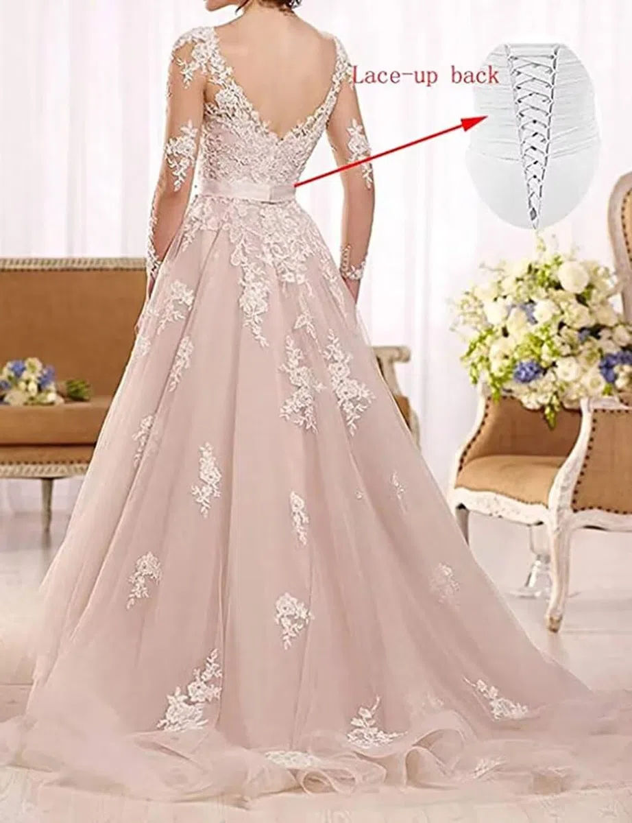 Abito da sposa da donna con pizzo, lungo, bohémien, spiaggia, con fessura, elegante linea ad A, abito da sposa