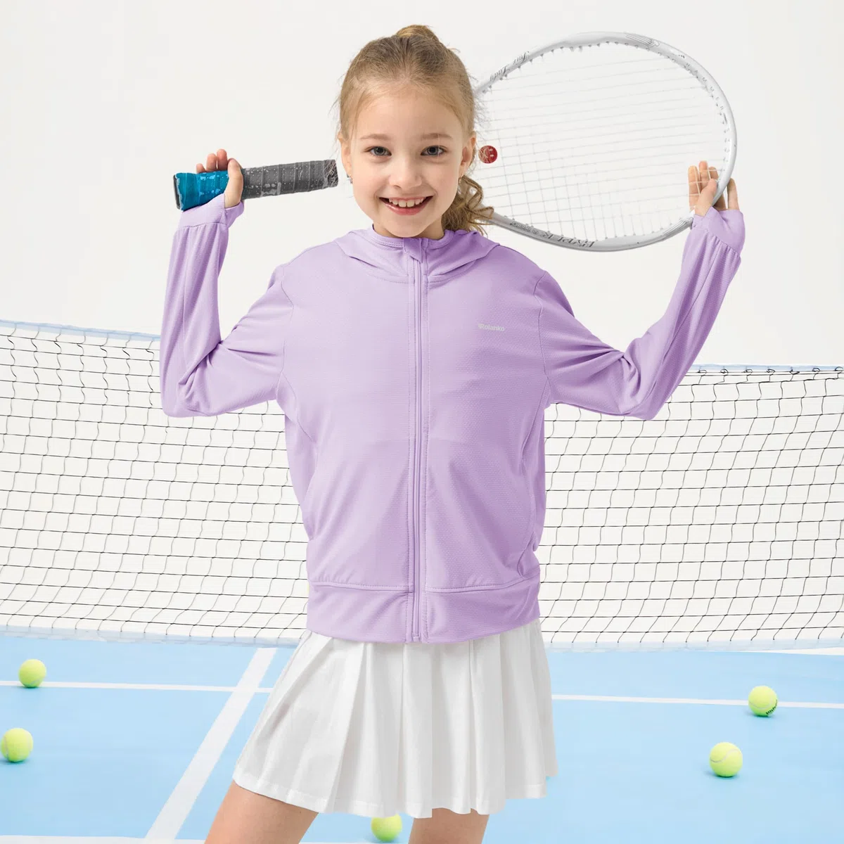 Rolanko Giacca Estiva per Ragazze con Fori per i Pollici Manica Lunga Protezione Solare Asciugatura Rapida Felpa con Cappuccio con Cerniera Top Rash Guard per Bambini