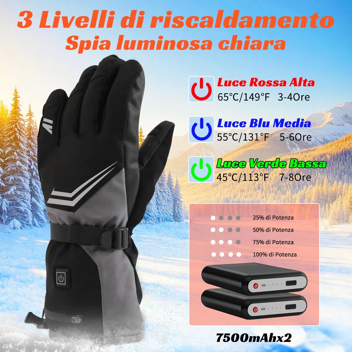 Guanti Riscaldati Ricaricabili 7500mAh, OUTJUT USB Guanti Moto Riscaldati Uomo Donna Scaldamani con Riscaldamento delle Dita 3 Impostazioni di Temperatura per la Caccia Pesca Sci, Regalo di Natale