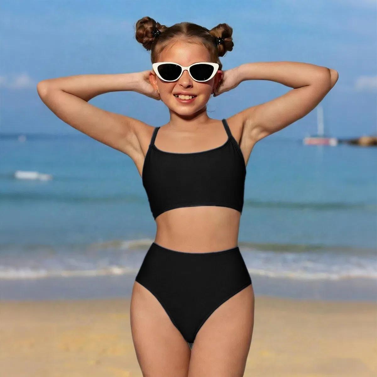 Costume da bagno per ragazze, tinta unita, 2 pezzi, incrociato, spalline regolabili, bikini per ragazze adolescenti con imbottitura sul petto