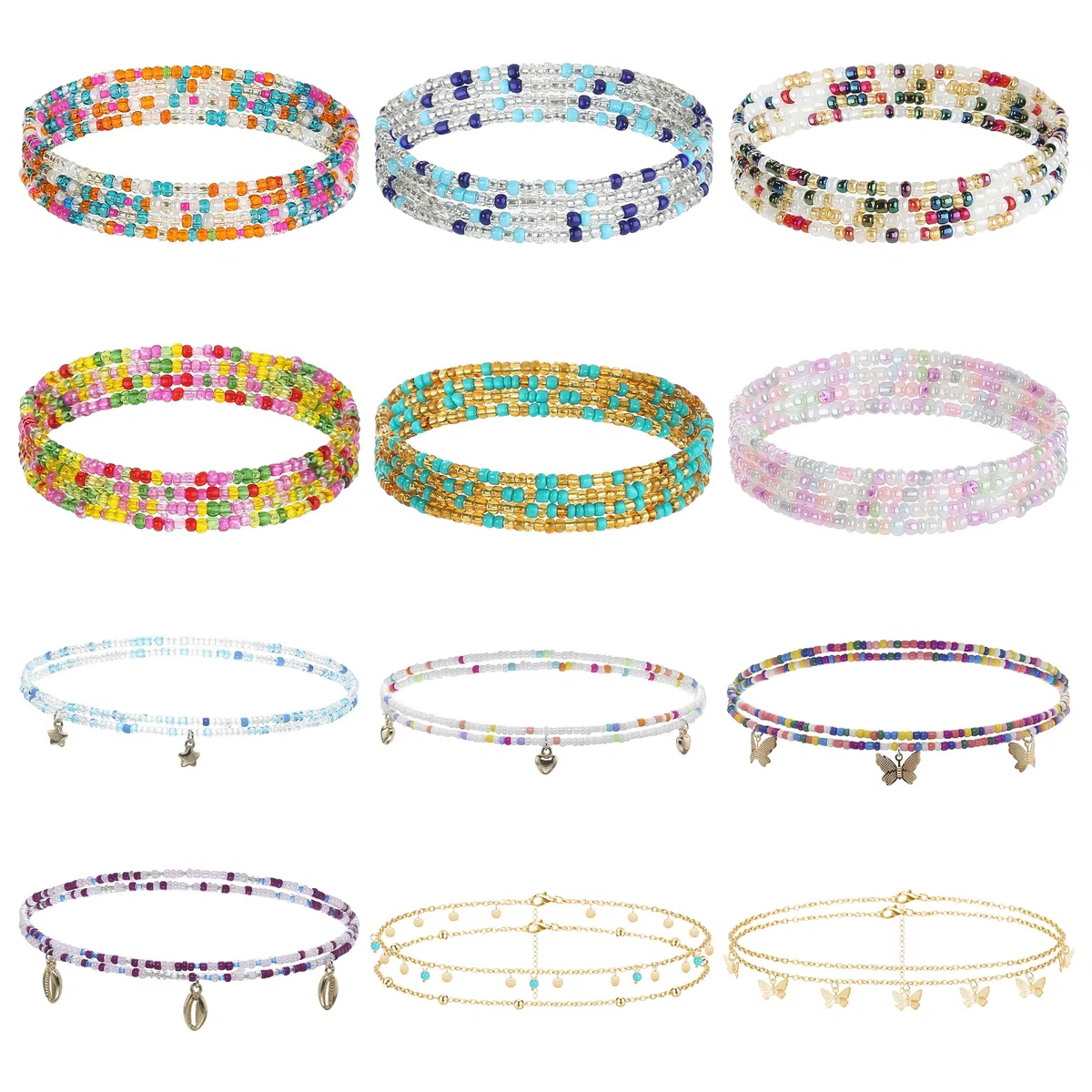Perline per la Vita Africane, 12 Pezzi Catene di Pancia Donna, Waist Beads Elastici Catenina Vita a Strati Belly Chain Body Chain per Estate Spiaggia Bikini