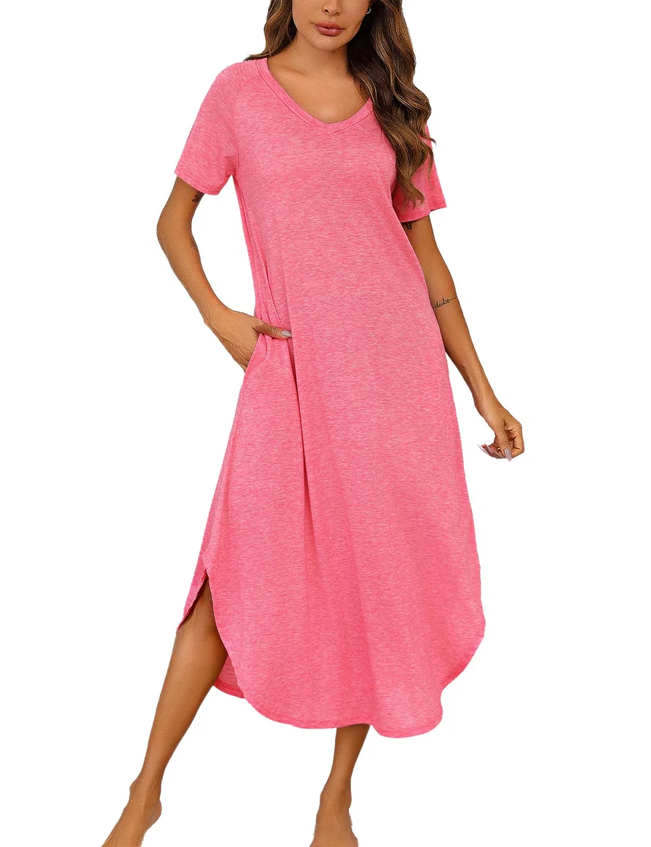 Nieery Camicia Notte Donna Cotone Maniche Corte Scollo a V Sciolto Fessura Elegante Abito Casual Lungo con Tasca