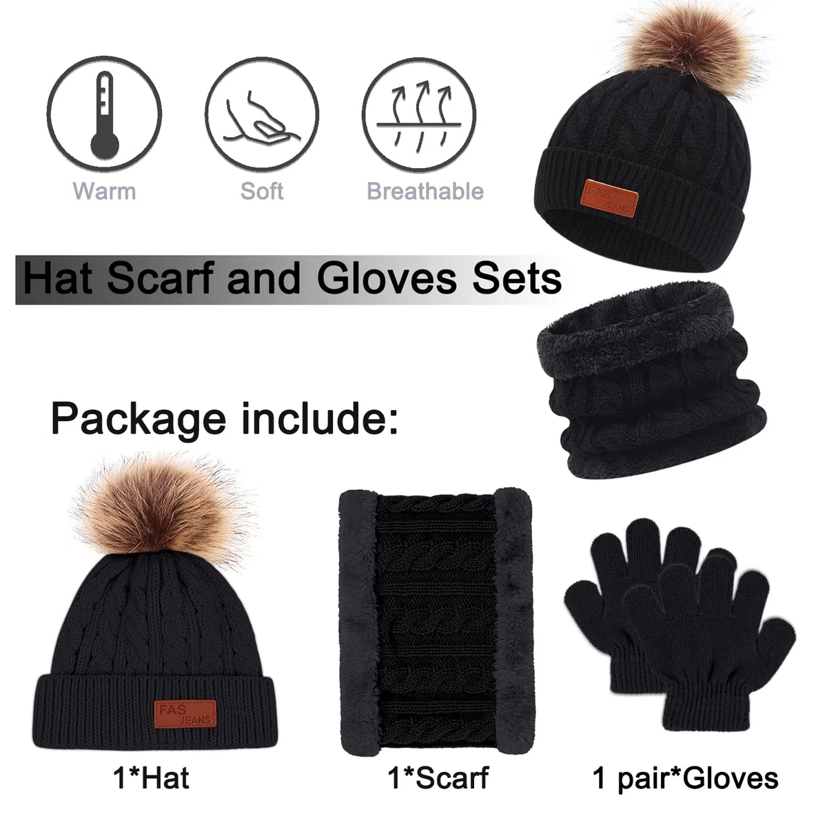 Baynetin 3 Pezzi Bambini Inverno Beanie Cappello Sciarpa Guanti Set Termico Maglia Crochet Spessa Pom Kids Beanie Cappello Sciarpa per 1-5 Anni Ragazzi Ragazze