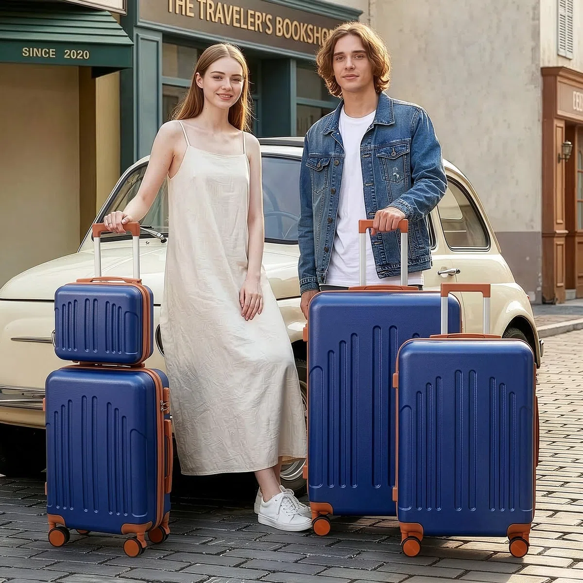 LEADZM Set di Valigie Rigide 4 Pezzi con Beauty Case, Set Valigie in ABS, Luggage Suitcase Grande 23 kg con 4 Ruote Girevoli Doppie (Blu Navy-Marrone)