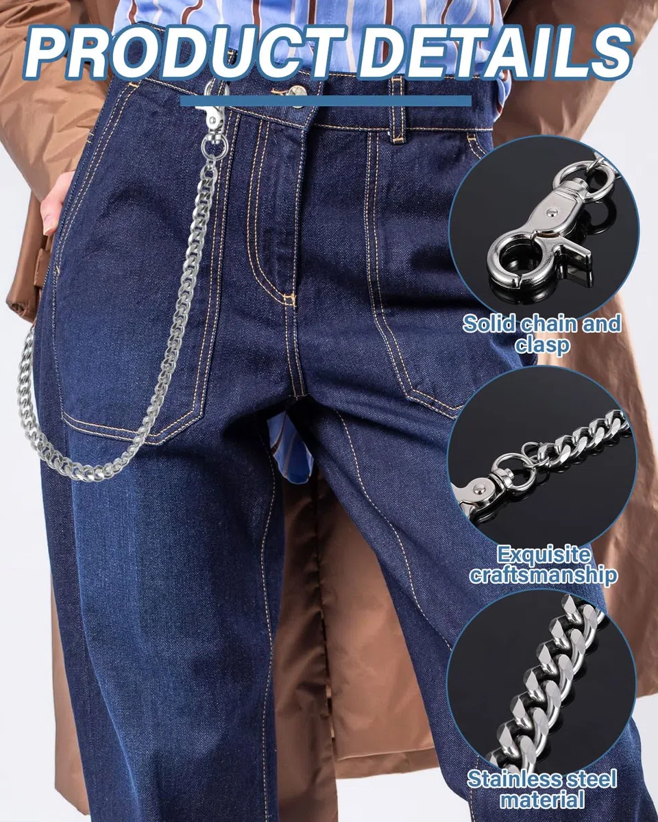 1 pezzo Punk Collana per pantaloni Hip Hop Catena in metallo resistente Portafoglio gotico Jeans Portafogli Fai da te Argento 50cm