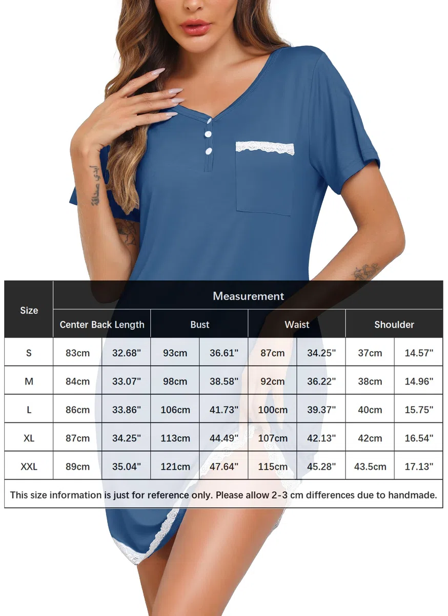Vlazom Camicia da Notte da Donna Estivo Morbido Traspirante Scollo V Bottoni Maniche Corte Pigiama Pizzo Pigiama