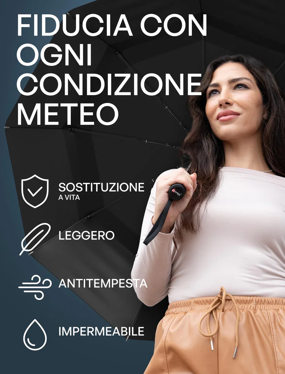 Repel Umbrella Ombrello Pieghevole AntiventoCompatto e Resistente – Apri e Chiudi Automatico - Struttura in Fibra di Vetro, Telo Impermeabile – Ombrello Portatile Perfetto per Zaino, Borsa e Viaggi