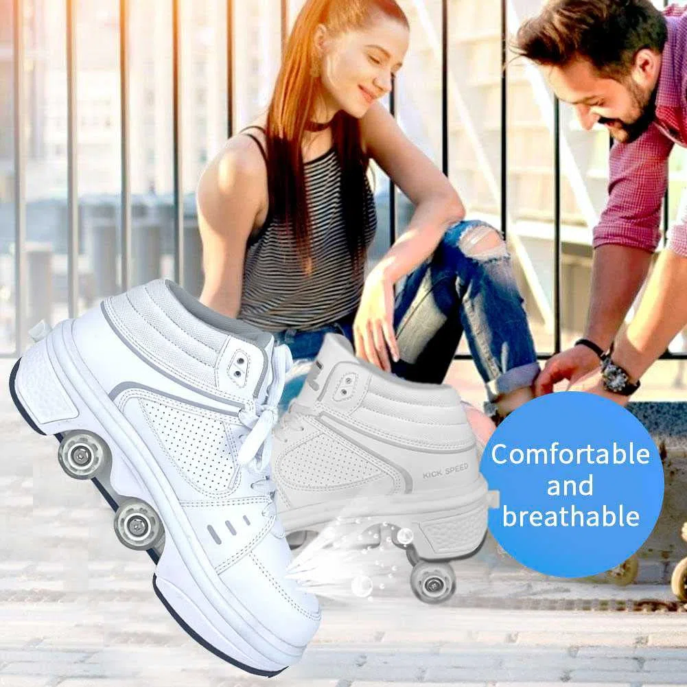 Scarpe con Ruote 2 in 1 per Bambini e Ragazzi, Skateboard, Scarpe da Ginnastica Multiuso, Pattini a Rotelle Quad, Moda, Regalo di Compleanno, Unisex, Bianco, 35 EU