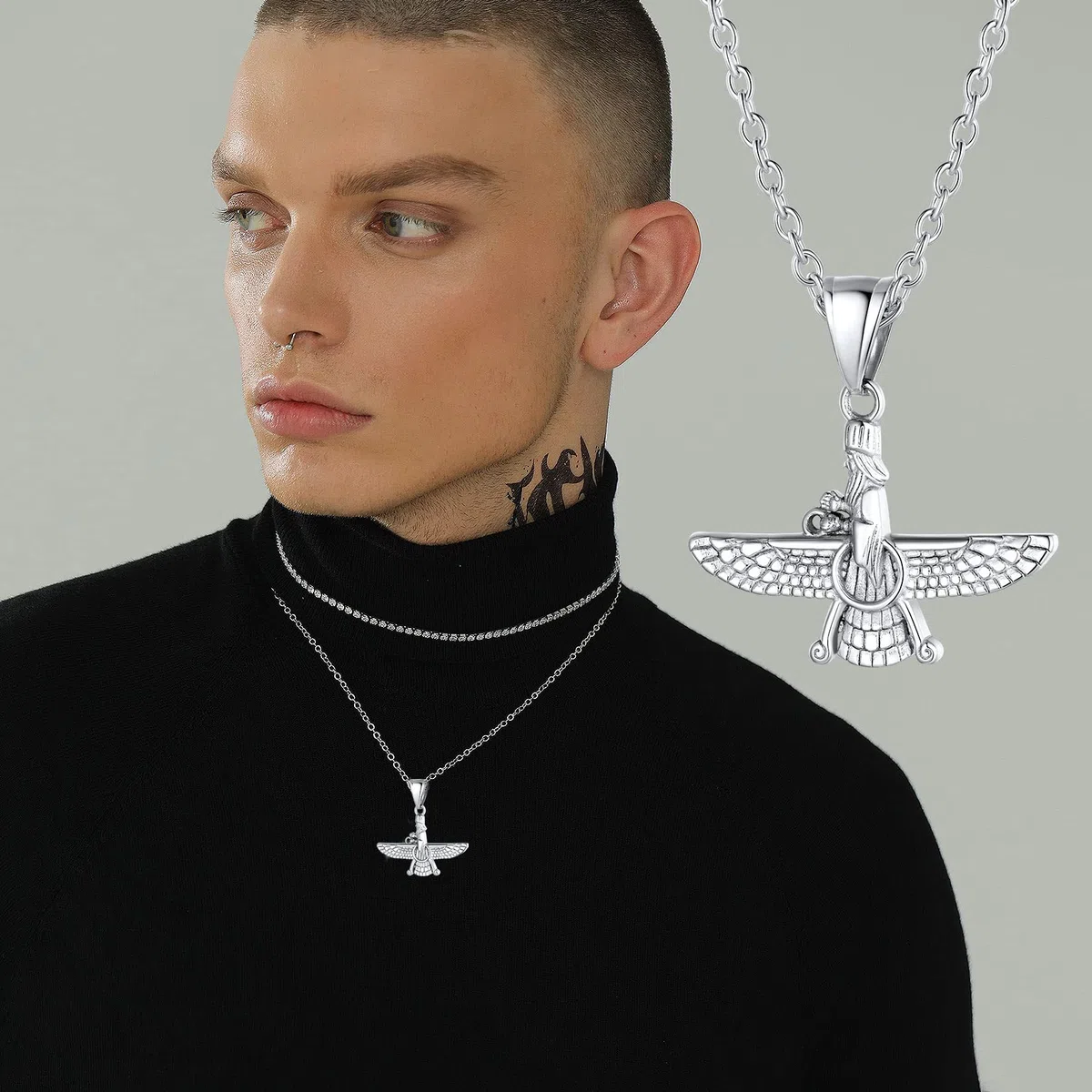U7 Collana Pendente Faravahar Iraniano Cindolo + Catena di Grano Lunghezza Regolabile Larghezza 3 MM Sottile Acciaio Placcata Oro 18K con Confezione Religioso Collana Uomo Argento Nero Oro