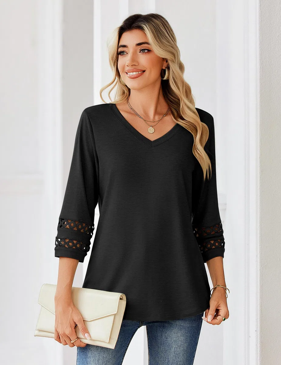 Zeagoo Camicia Donna Elegante Maniche 3/4 Camicie Scollo a V Camicetta Traforato Blusa Estive Ampia Tunica Top S-3XL