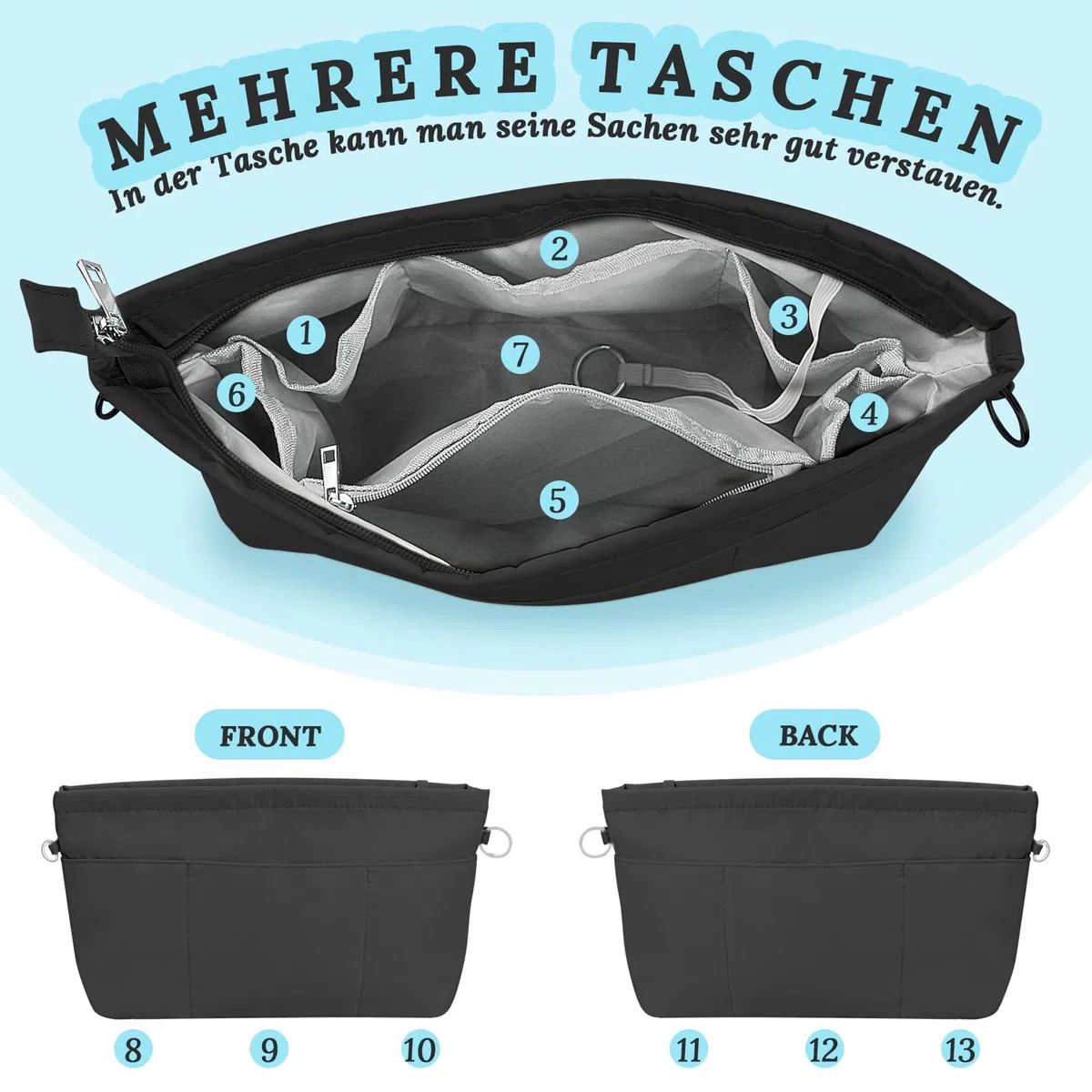 Grantop Organizer per Borse in Nylon e Feltro Con Portachiavi - Tasche Interne Con Catena (Nero M)
