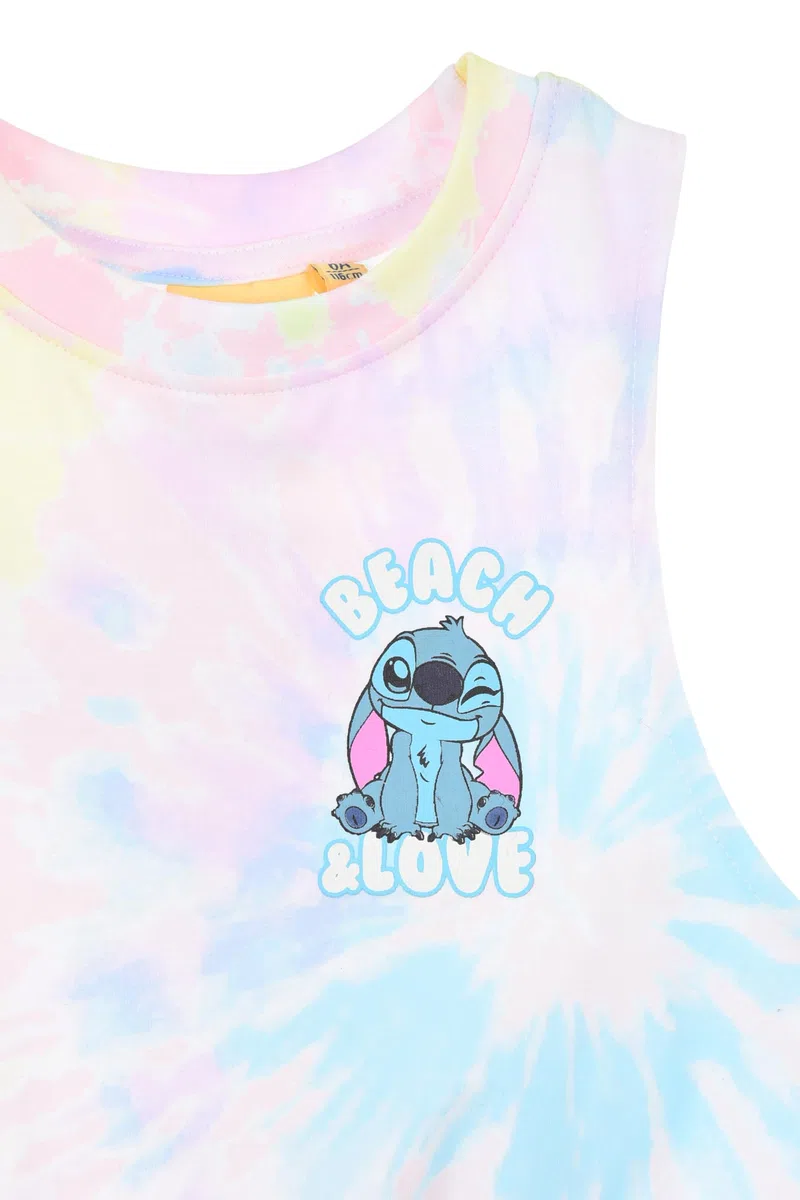 Disney Store Canotta Tie Dye per Bambine con Stitch, Senza Maniche con Nodo, 100% Cotone, Multicolore Arcobaleno, Beach & Love (Rosa, IT, età, 6 Anni)